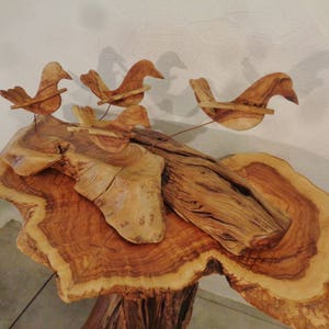 Doves of peace ,olive wood sculpture, birds in flight , shivering on copper wire struts image 5