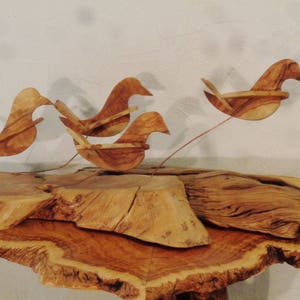 Doves of peace ,olive wood sculpture, birds in flight , shivering on copper wire struts image 3