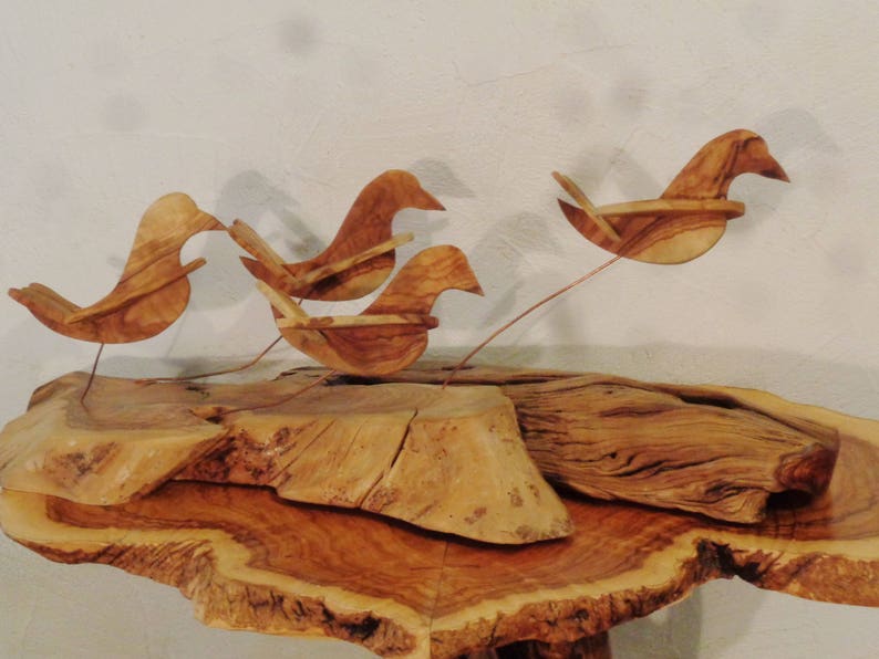 Doves of peace ,olive wood sculpture, birds in flight , shivering on copper wire struts image 3