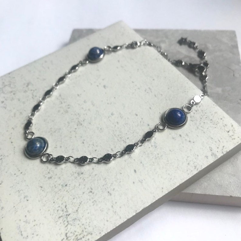 Silver Steel Lapis Lazuli Ankle Bracelet One Size Fits All Boho Natural Crystal Anklet Adjustable Lapis Lazuli Anklet