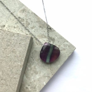 Natural Fluorite Crystal Necklace, Purple Gemstone Drop Shape Pendant on Silver Stainless Steel Chain