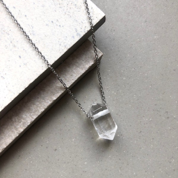 Little Chunky Clear Quartz Point Necklace, Polished Natural Clear Crystal Quartz Point Pendant, Spiritual Inspirational Gift, Silver Steel