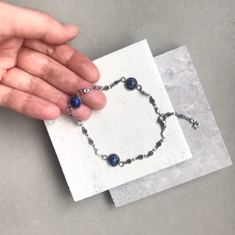 Silver Steel Lapis Lazuli Ankle Bracelet One Size Fits All Boho Natural Crystal Anklet Adjustable Lapis Lazuli Anklet
