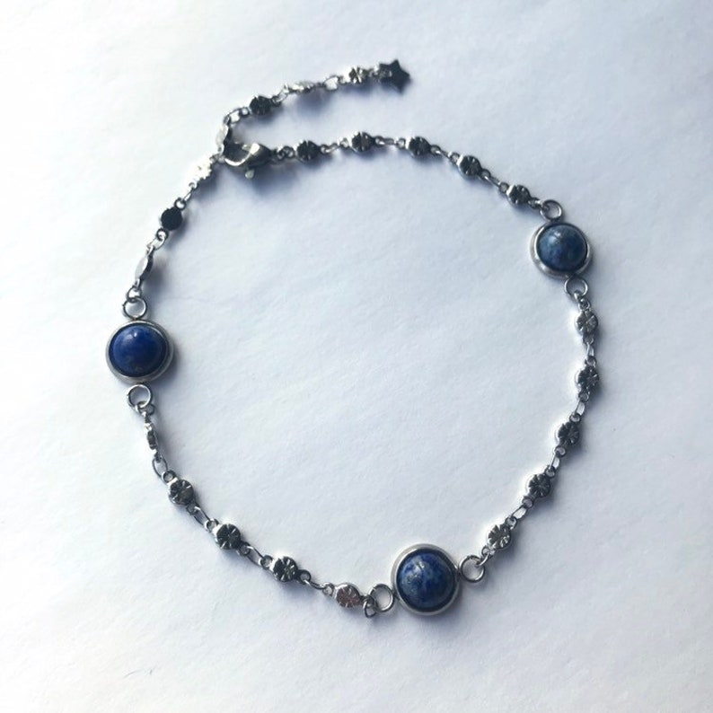 Silver Steel Lapis Lazuli Ankle Bracelet One Size Fits All Boho Natural Crystal Anklet Adjustable Lapis Lazuli Anklet
