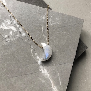 Rainbow Moonstone Necklace, Crescent Moon Shape Natural Moonstone Moon Phase Pendant Gold Stainless Steel Chain, Celestial Girlfriend Gift