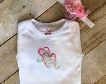 Baby Girl outfit, Heart Roses, Baby girl bodysuit, onesie, Twin Hearts, Tiny Chiffon Roses, home from hospital outfit