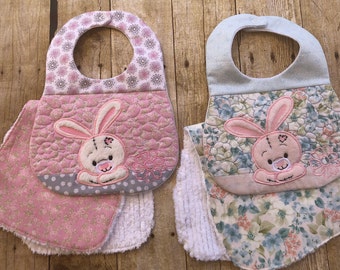 Bunny Bib Burp Cloth Set - Chenille and Flannel Baby Bib Burp Set, Quilted bib, Minky bunny,