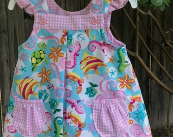 Toddler Sundress, Girls Dress, Beach Outfit, Summer Dress, Under the Sea, Fish, pink gingham, flutter sleeves, pockets