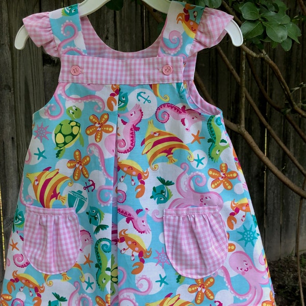 Toddler Sundress, Girls Dress, Beach Outfit, Summer Dress, Under the Sea, Fish, pink gingham, flutter sleeves, pockets