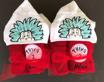 Thing Hooded towel - Dr. Seuss - Bath towel Kids towel Beach towel Cover up Pool Personalized towel, Play costume Thing1 - Thing 2