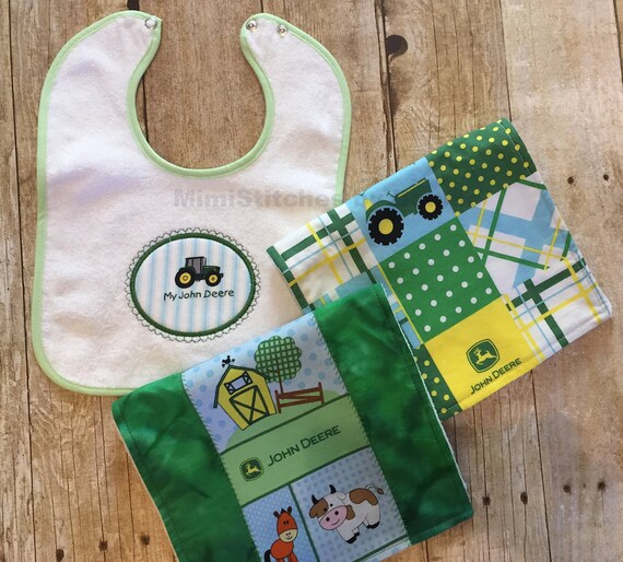 New Handmade Personalized Embroidered Blue Green Minky Bib and Burp Cloth Set