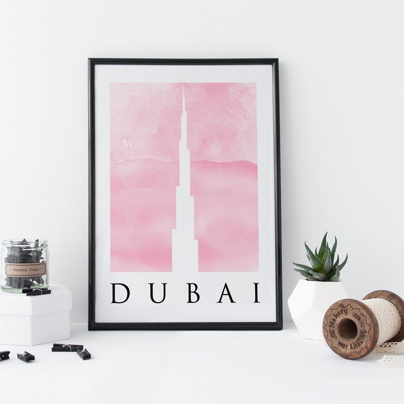 DUBAI PRINT Burj Khalifa Blush Watercolour Background grey Etsy