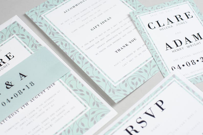 Save the Date Swirling Greenery Vine Leaves and mint background Clare