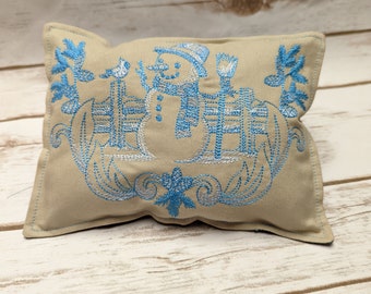 Embroidered Balsam Filled Pillow, Snowman Scene