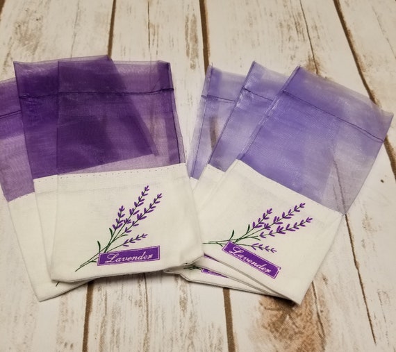 12 Empty Lavender-Print Sachet Bags – 3x6 Purple Organza & Linen Pouches