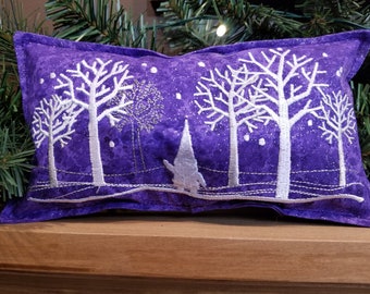 Embroidered Balsam Filled Pillow, Holiday Gnome in Winter Scene