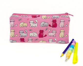 Cat pencil pouch - Personalized gift for kids - Pencil case - accessory bag - Girls Pencil pouch - Pink zippered bag - Cat lover gift