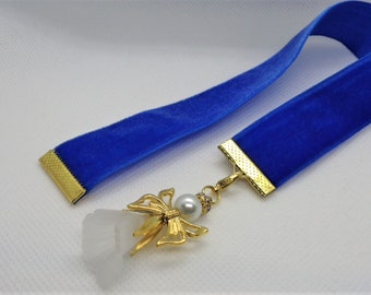 Blue Velvet Ribbon Bookmark w/trumpet Beaded angel