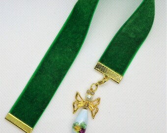 Green Velvet Ribbon Bookmark w/Beaded angel