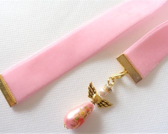 Pink Velvet Ribbon Bookmark w/Beaded angel