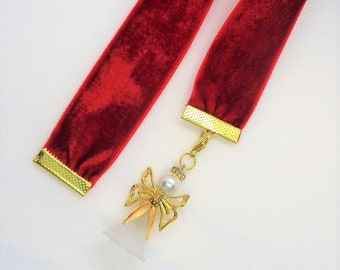 Red Velvet Ribbon Bookmark w/trumpet Beaded angel