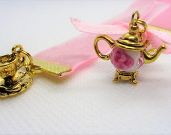 Velvet Ribbon Bookmark W/Teapot and Teacup Charm