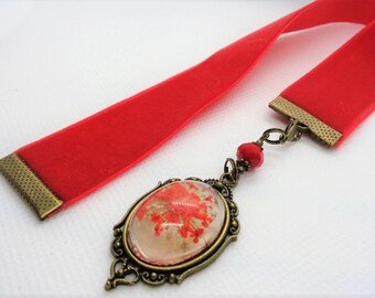 Red Velvet Ribbon Bookmark w/Victorian Dried flower Charm
