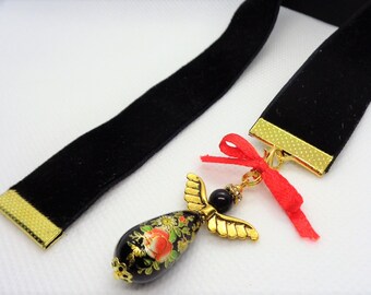 Black Velvet Ribbon Bookmark w/Beaded angel