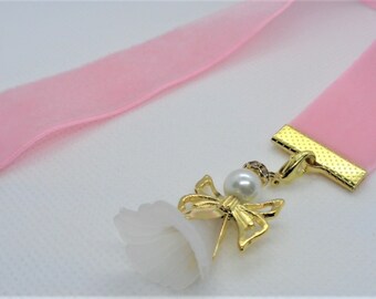 Pink Velvet Ribbon Bookmark w/trumpet Beaded angel
