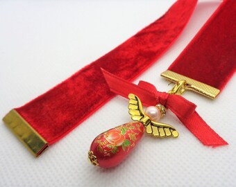 Red Velvet Ribbon Bookmark w/Beaded angel