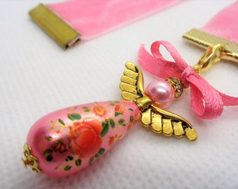 Pink Velvet Ribbon Bookmark w/Beaded angel