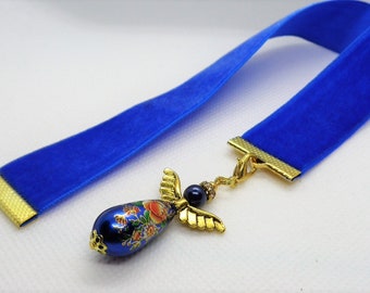 cornflower Blue Velvet Ribbon Bookmark w/Beaded angel