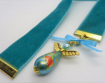 Turquoise Velvet Ribbon Bookmark w/Beaded angel