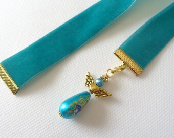 Turquoise Velvet Ribbon Bookmark w/Beaded angel