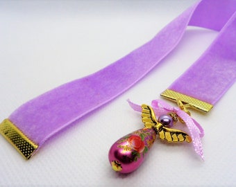 Lavendar Velvet Ribbon Bookmark w/Beaded angel