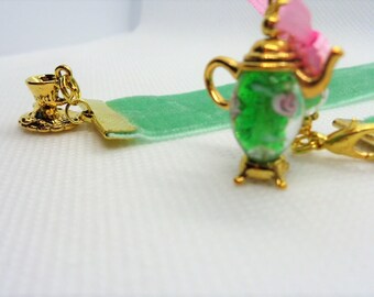 Velvet Ribbon Bookmark W/Teapot and Teacup Charm
