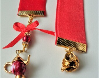 Velvet Ribbon Bookmark W/Teapot and Teacup Charm