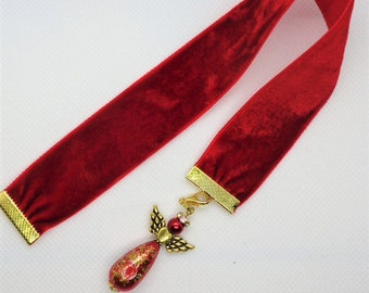 Red Velvet Ribbon Bookmark w/Beaded angel