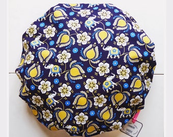 Shower Cap Elephant and Flower Print bathing showering hat. Soft Comfortable Blue Yellow Cotton outer & Waterproof inner. Glamourous Gift.