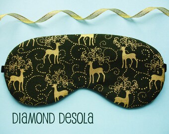 Eye Sleep Mask Gold Metallic Reindeer Soft Cotton Print Dark Green Deer Nature Travel Relaxation Vacation Blackout UK Made Gift