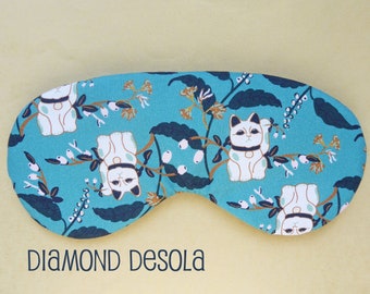 Eye Sleep Mask Lucky Cat Soft Cotton Turquoise Gift, Mindfulness Sleeping Blackout Relax UK Made