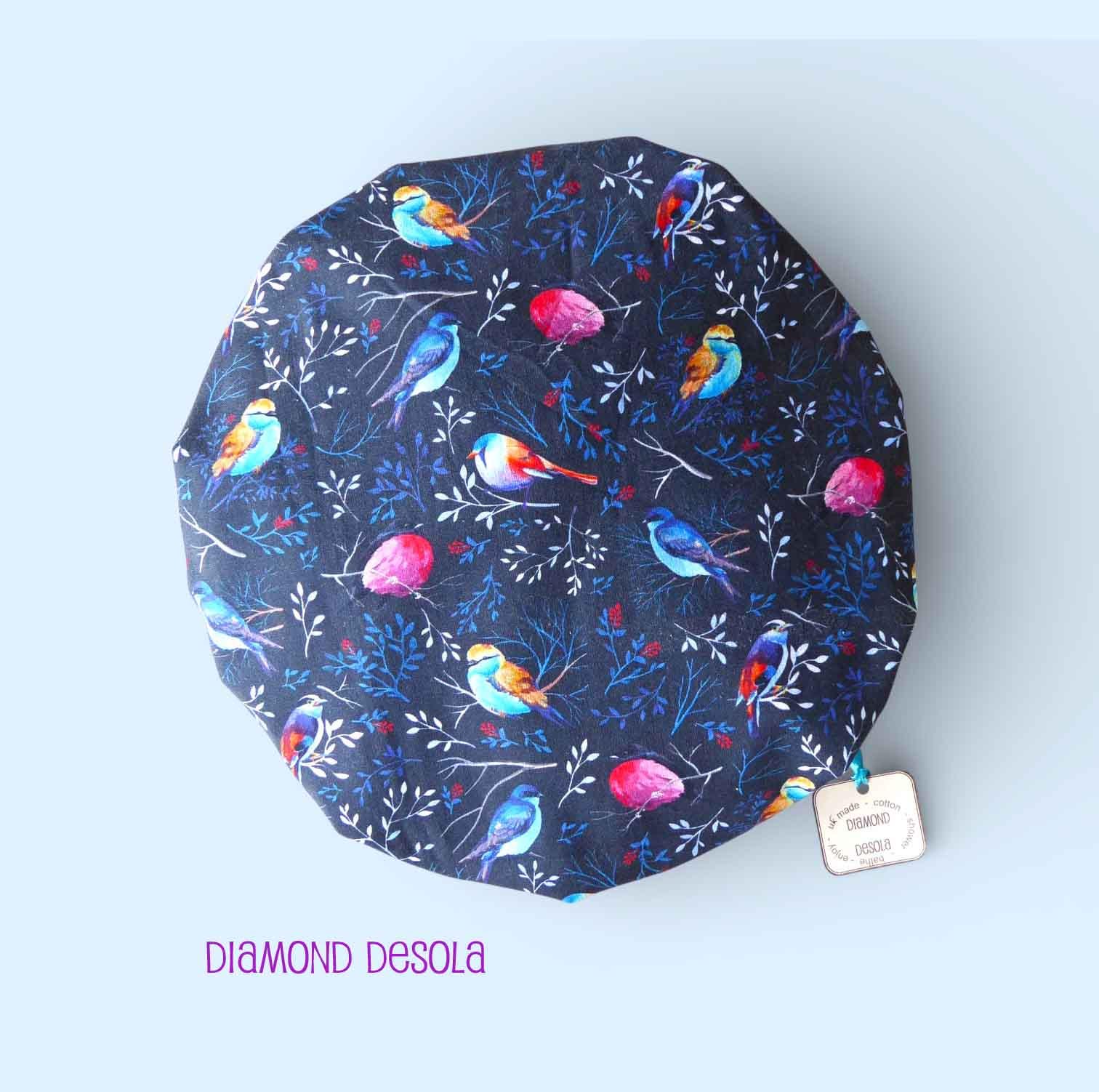 Shower Cap Birds Bath Hat for bathing showering. Soft Comfortable Multi Colour Cotton outer & Waterproof inner Bathroom Gift