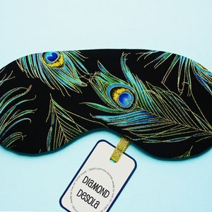 Eye Sleep Mask Peacock Soft Cotton Luxury Metallic Turquoise Print Travel Spa Blackout Slumber Party Relax UK Made Gift