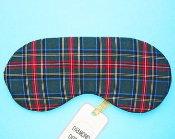 Eye Sleep Mask Soft Cotton Tartan Plaid Green and Red Scottish Gift. Blackout Blindfold Meditation and Travel Relax UK Made