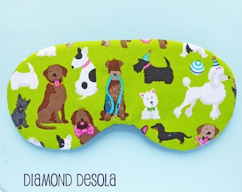 Eye Sleep Mask Dogs Cotton Print Blackout, Dog Lovers or Walkers Gift. Blindfold Relaxation Sleeping and Travel, Bedroom Cuteness UK Made