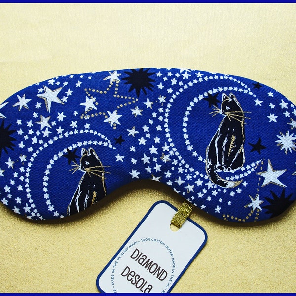 Eye Sleep Mask Moon Stars Cat Black Blue Metallic Soft Cotton Travel Comfortable Meditation Gift Blackout Relax UK made