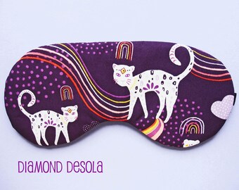 Eye Sleep Mask Soft Cotton Big Cat Rainbow Print Travel Meditation Spa Mindfulness Blackout Blindfold UK Made Gift