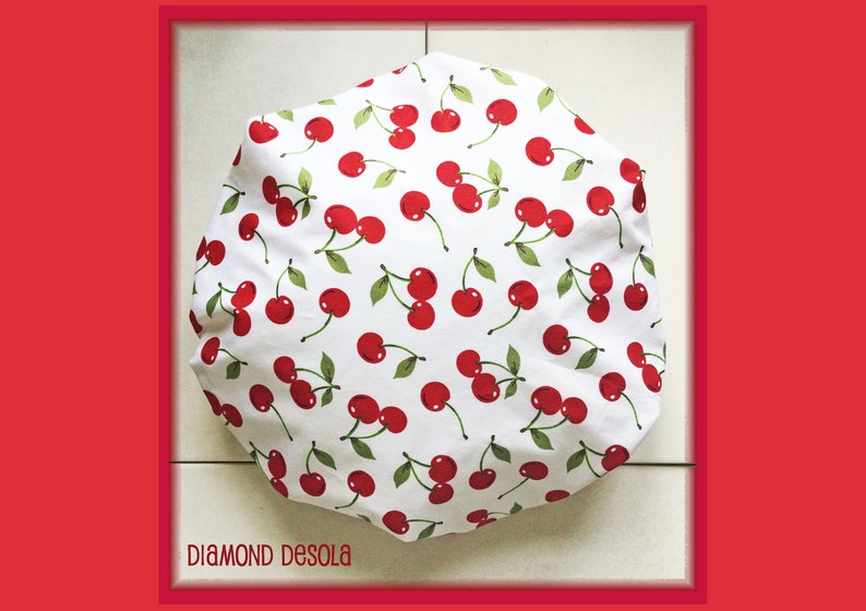 Shower Cap Cherries Print bathing showering hat. Soft Comfortable Red, Green, White Cotton outer & Waterproof inner. Glamourous Bath Gift. zdjęcie 1