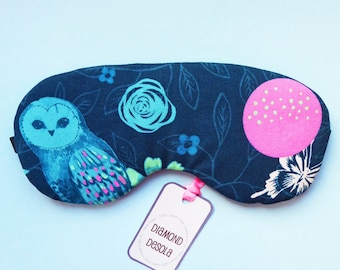 Eye Sleep Mask Owl Night Sky Teal Cotton Print Blindfold Blackout Comfy Meditation Relaxation and Mindfulness UK Made Gorgeous New Valentine