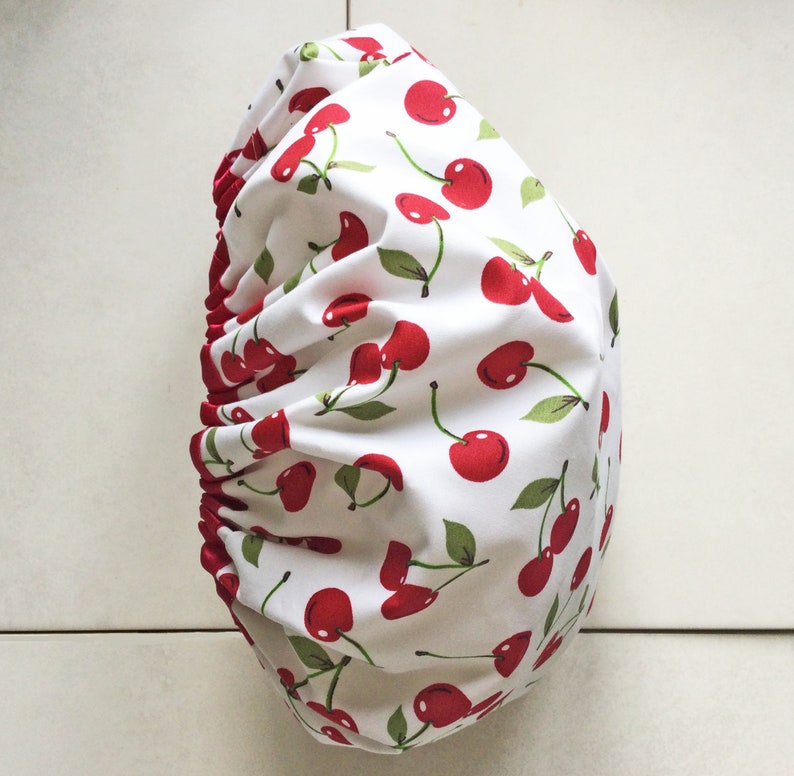 Shower Cap Cherries Print bathing showering hat. Soft Comfortable Red, Green, White Cotton outer & Waterproof inner. Glamourous Bath Gift. zdjęcie 4